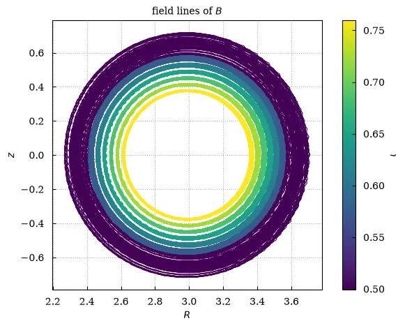 Field lines projected onto the poloidal plane, colored by their rotational transform