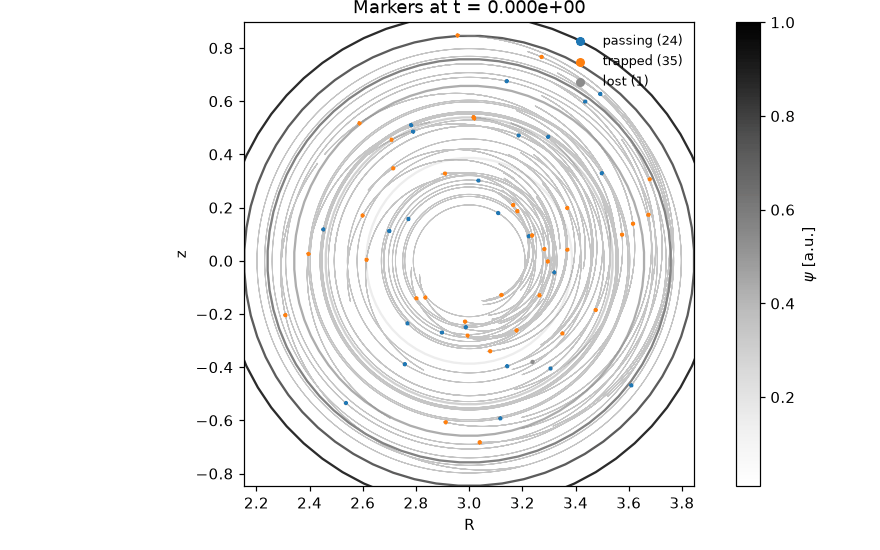 Guiding-center orbits in the poloidal plane, passing and trapped, with trails over flux surfaces